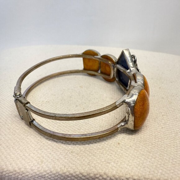 Handmade Vintage Hinged Bangle Bracelet Silver-Tone Boho Tan Blue Floral - Picture 8 of 10